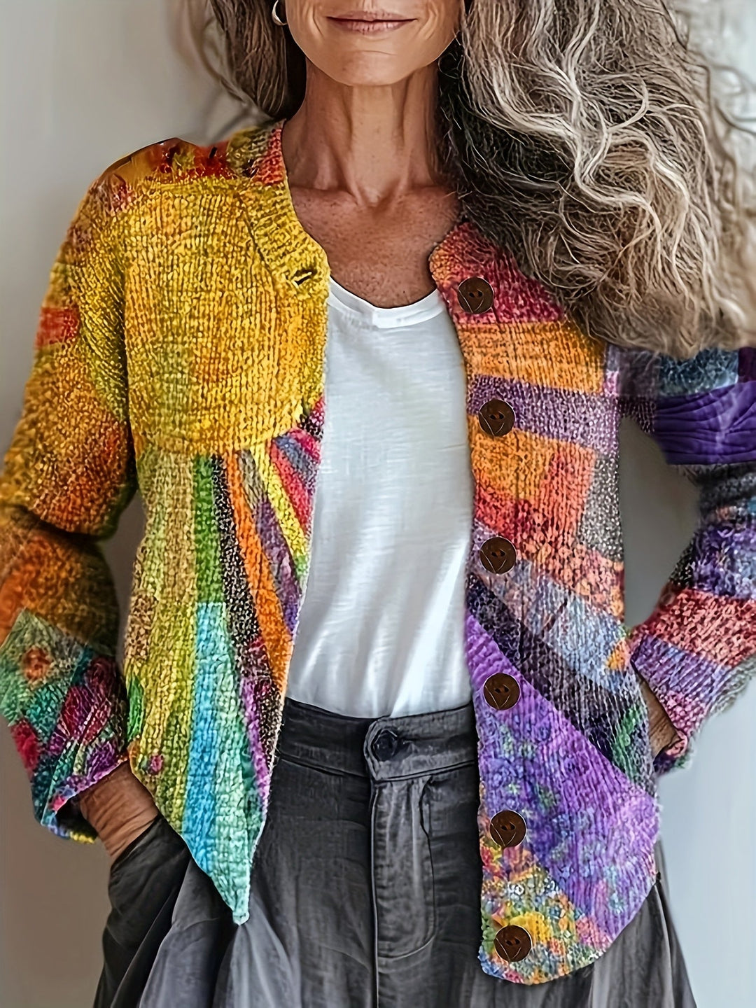 Kirsten | Cardigan boutonné patchwork artistique