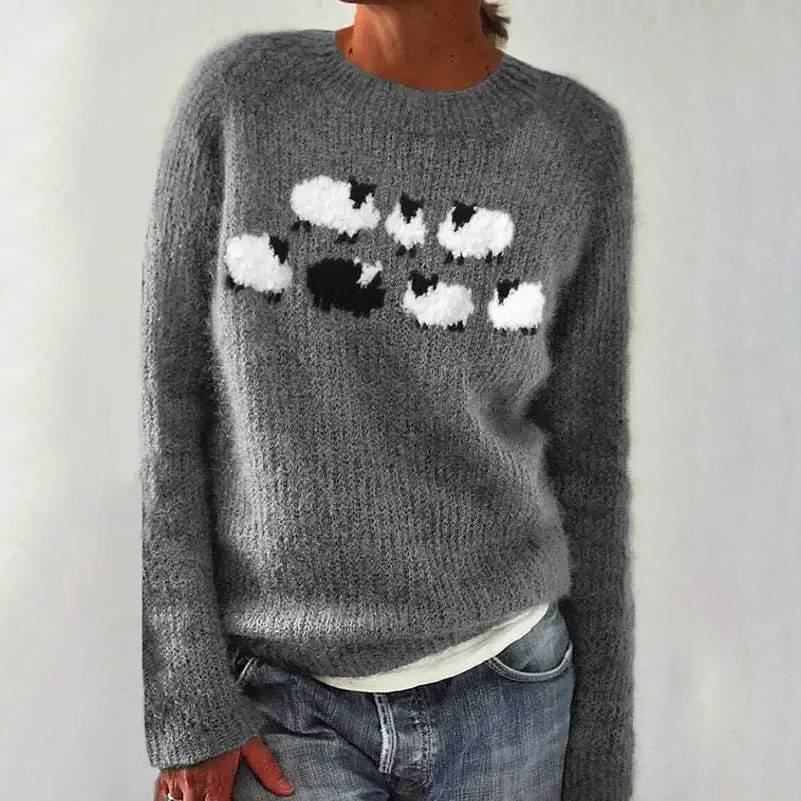 Lynn | Fluffy Knit Sweater With Sheep Print