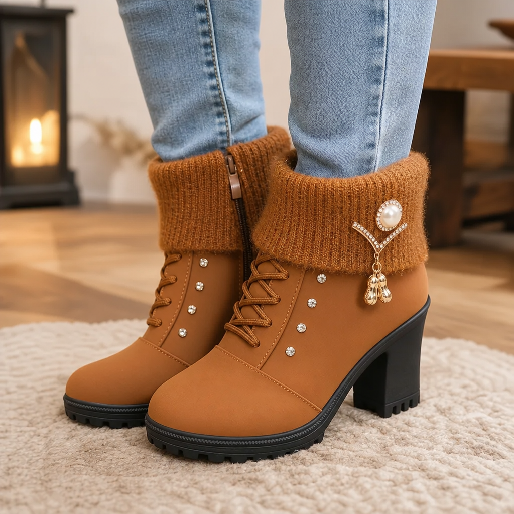 Nicholas | Fur-Lined Rhinestone Trim Block Heel Boots