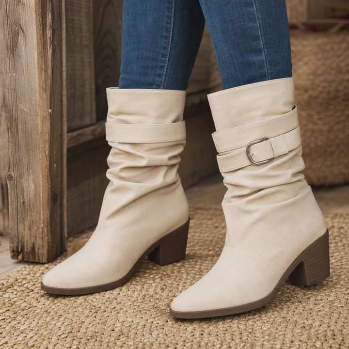 Gray | Pointed-Toe Slouch Mid-Calf Boots