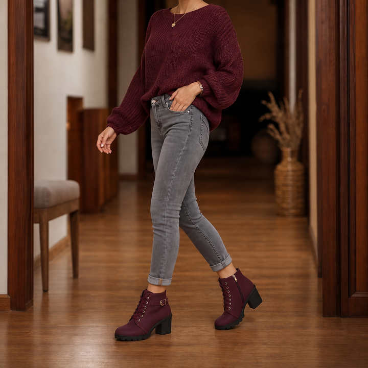 Lahna | Buckle Lace-Up Chunky Heel Ankle Boots
