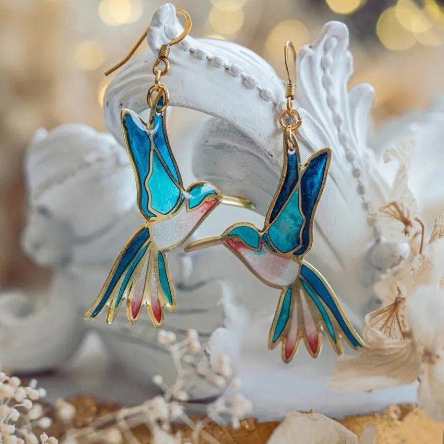 Meriam | Gold Blue Enamel Hummingbird Drop Earrings