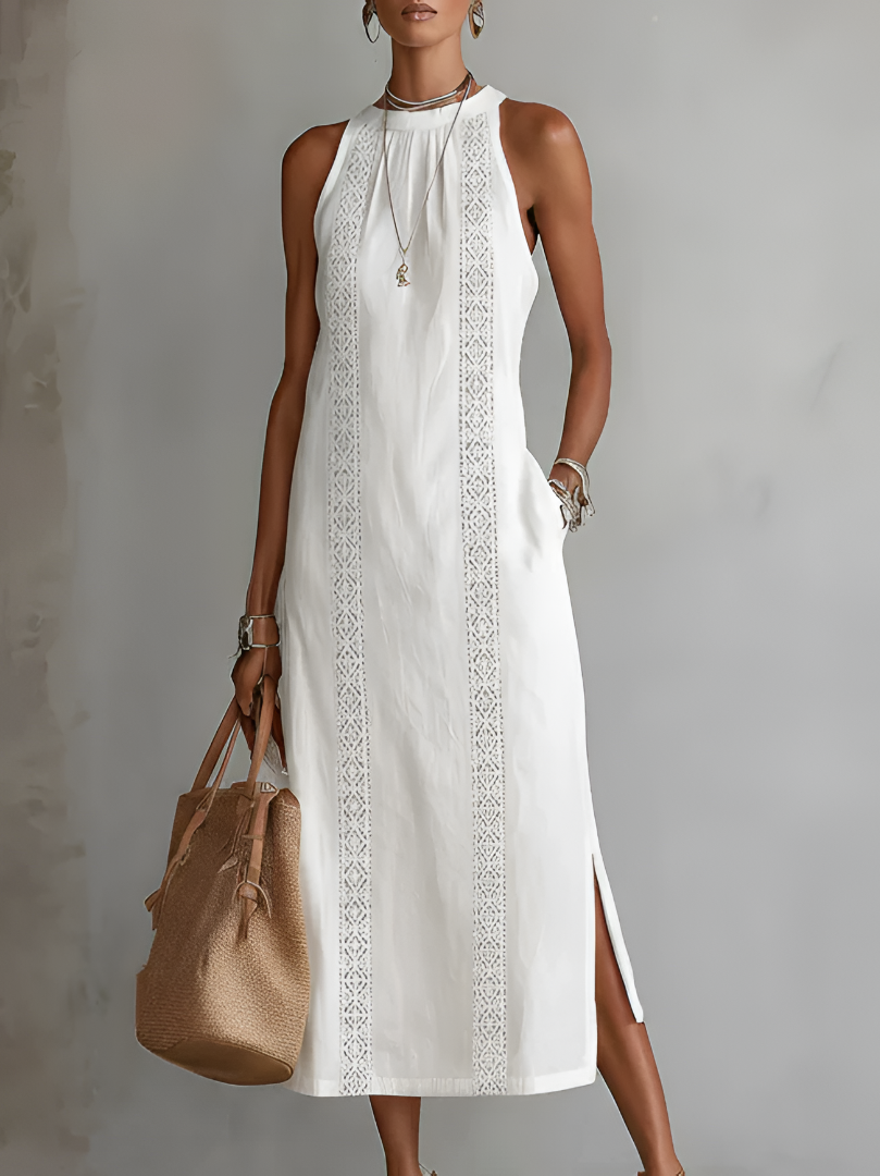 Jimena Embroidered Mandarin Collar Midi Dress - White