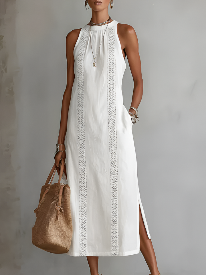 Jimena Embroidered Mandarin Collar Midi Dress - White