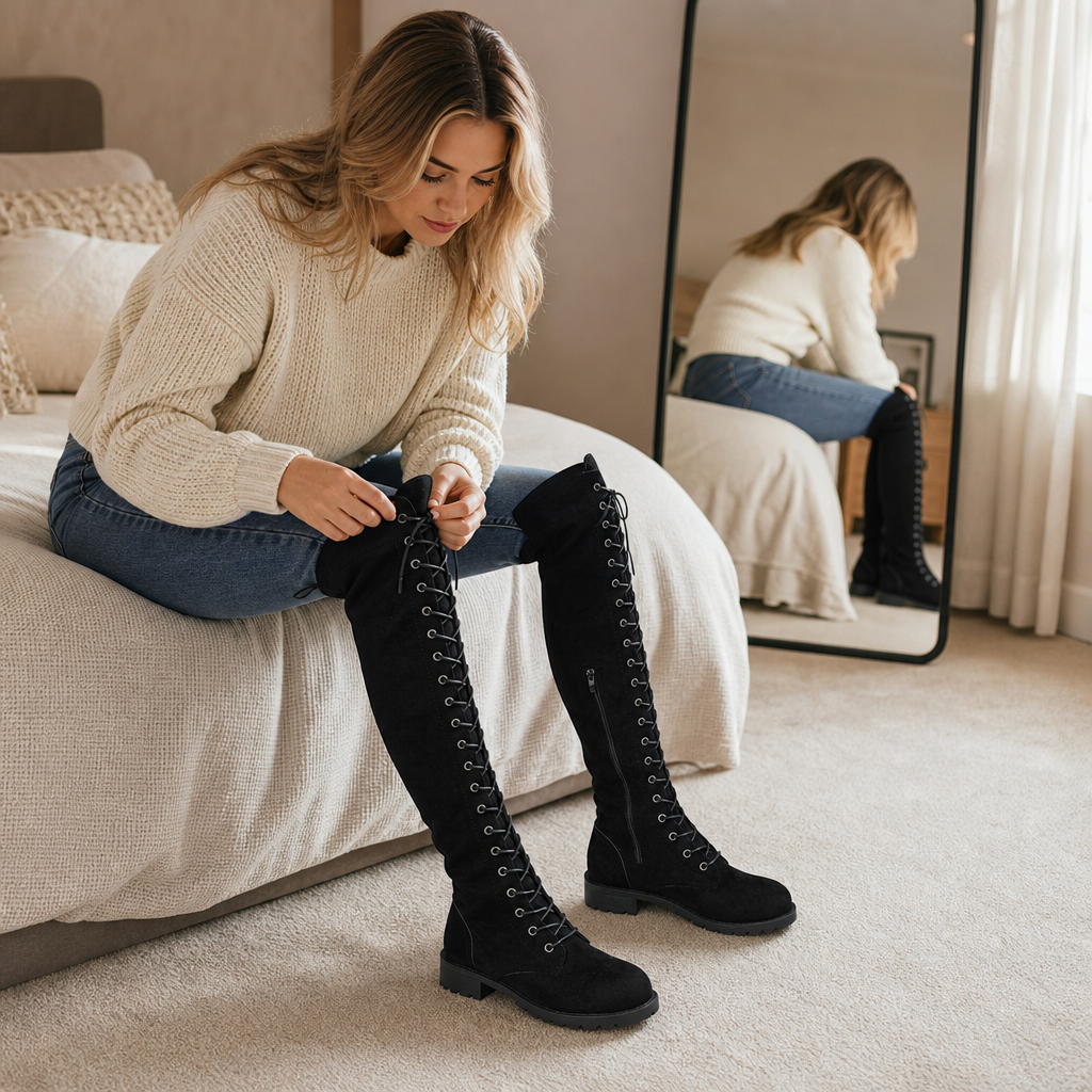 Ambreen | Bottes sur le genou à empiècement arrière à lacets
