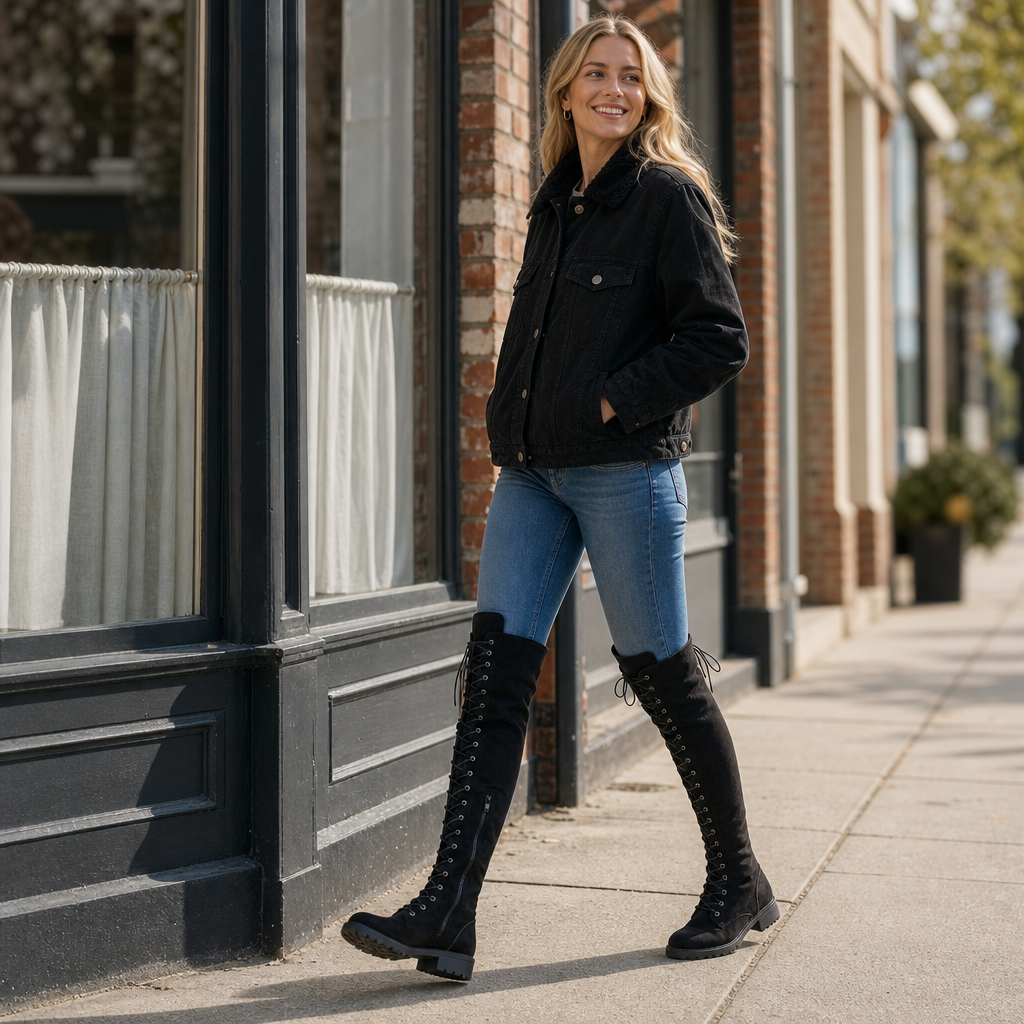 Ambreen | Bottes sur le genou à empiècement arrière à lacets