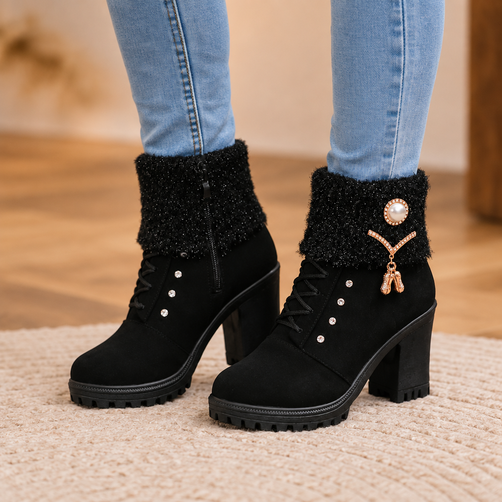 Nicholas | Bottes à talons carrés bordées de fourrure et ornées de strass