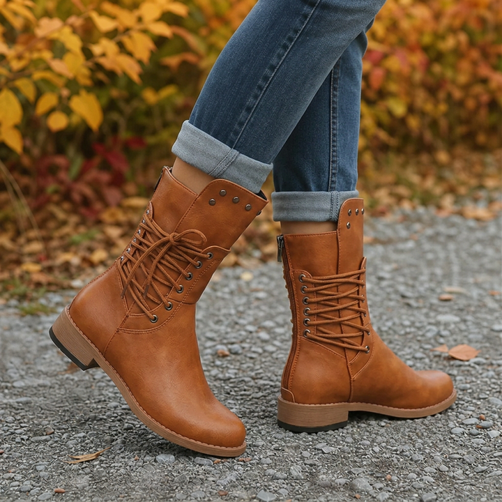Zeyna | Adjustable Wrap-Lace Mid-Calf Combat Boots