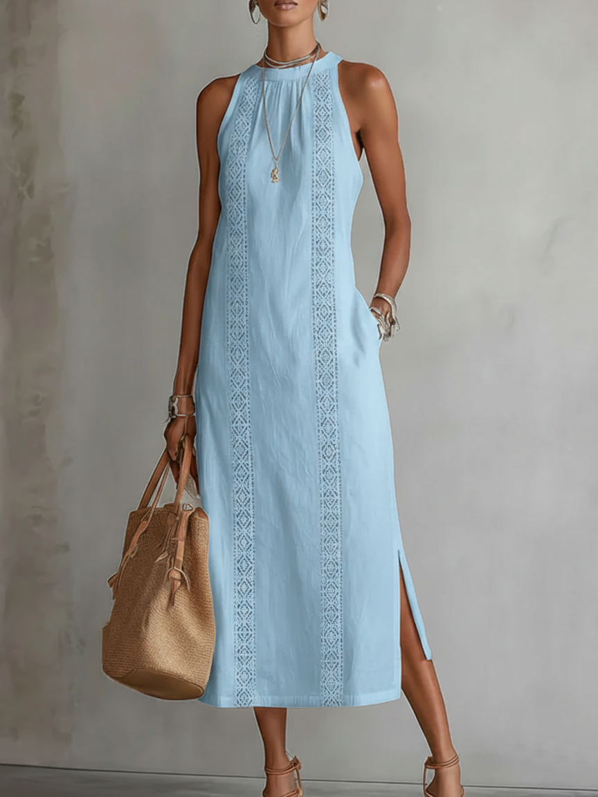 Jimena Embroidered Mandarin Collar Midi Dress - Blue