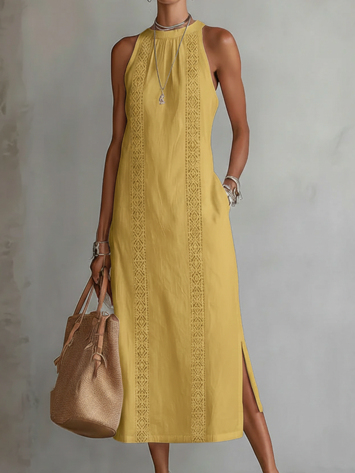 Jimena Embroidered Mandarin Collar Midi Dress - Yellow