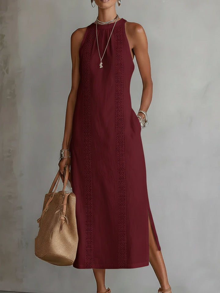 Jimena Embroidered Mandarin Collar Midi Dress - Red