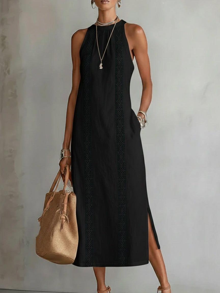 Jimena Embroidered Mandarin Collar Midi Dress - Black