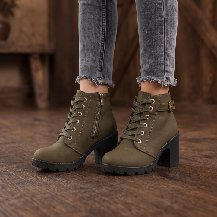 Lahna | Buckle Lace-Up Chunky Heel Ankle Boots