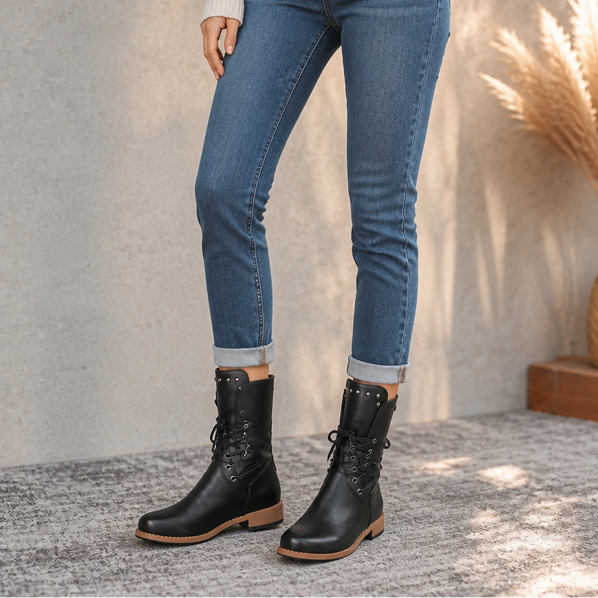 Zeyna | Adjustable Wrap-Lace Mid-Calf Combat Boots