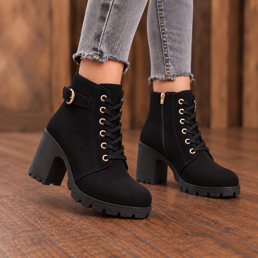 Lahna | Buckle Lace-Up Chunky Heel Ankle Boots