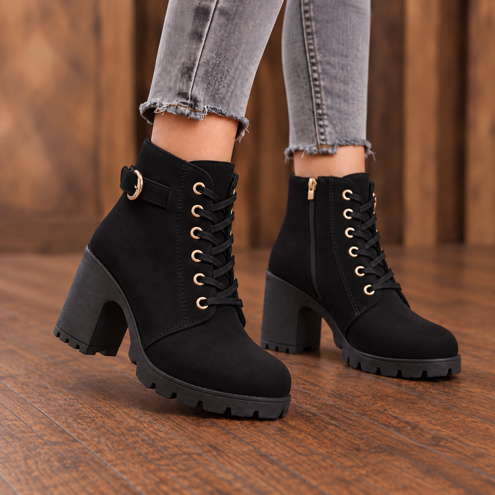 Lahna | Buckle Lace-Up Chunky Heel Ankle Boots