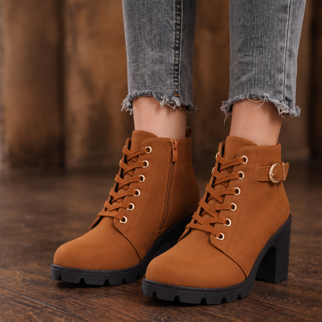 Lahna | Buckle Lace-Up Chunky Heel Ankle Boots