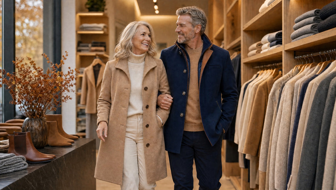 A couple in their sixties walking arm in arm through a warm boutique
