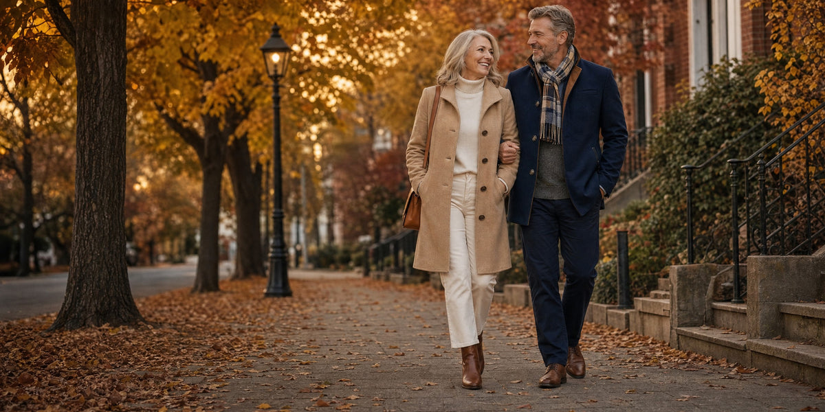 A couple in their sixties walking arm in arm on an autumn street, she in a camel wool coat, he in a navy pea coat