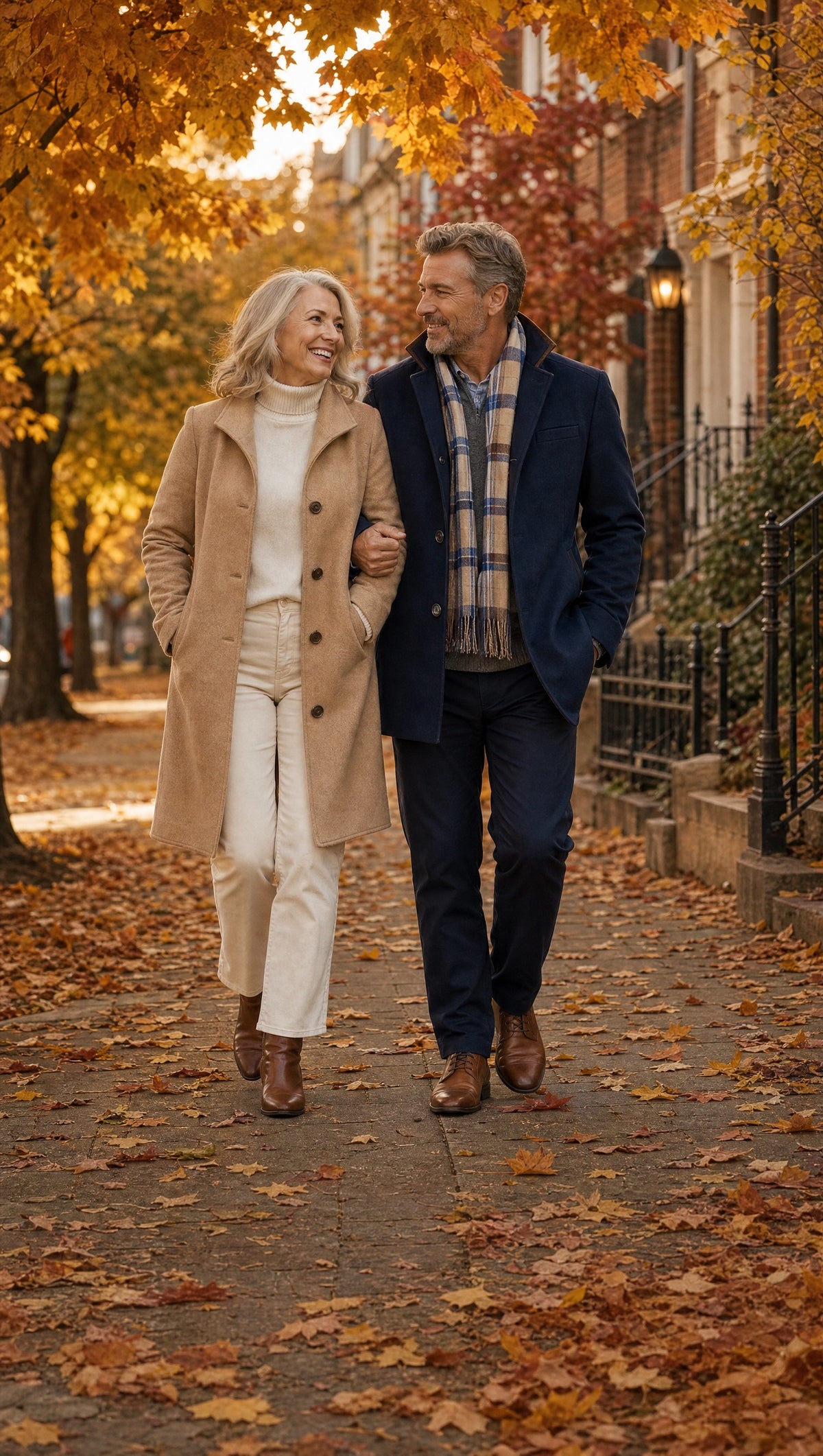 A couple in their sixties walking arm in arm on an autumn street