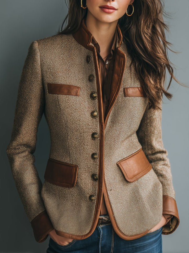 Lumen | Veste vintage en tweed à chevrons avec finitions en cuir et boutonnage sur le devant