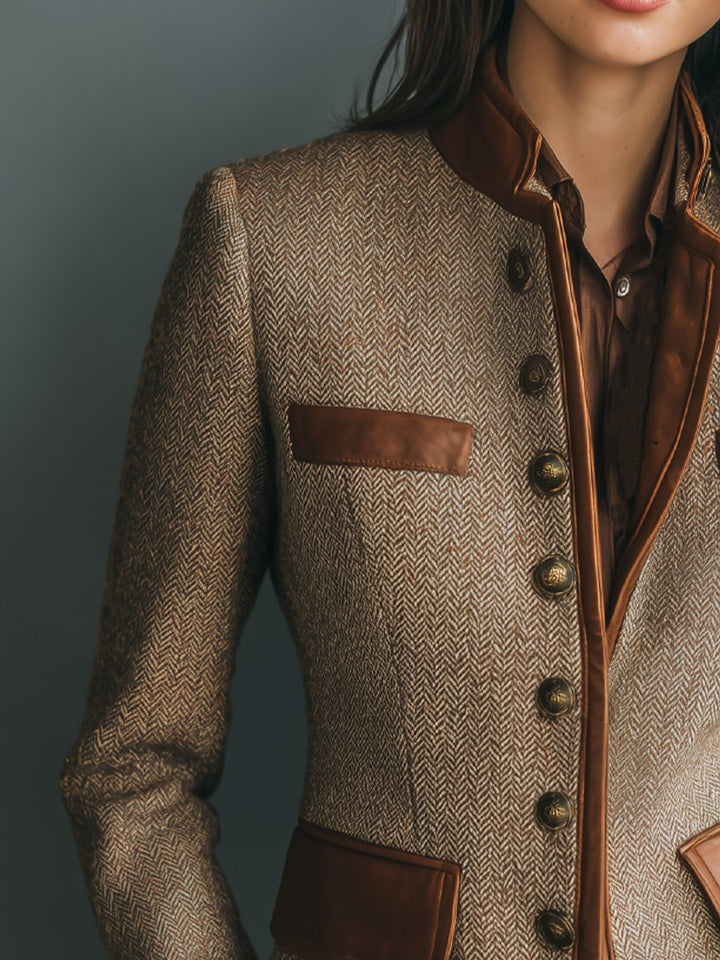 Lumen | Veste vintage en tweed à chevrons avec finitions en cuir et boutonnage sur le devant