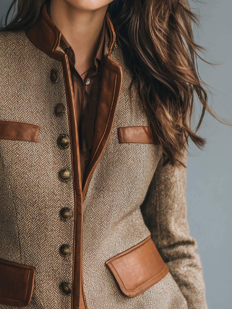 Lumen | Veste vintage en tweed à chevrons avec finitions en cuir et boutonnage sur le devant