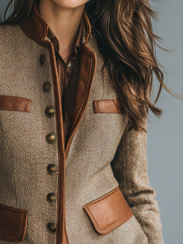 Lumen | Veste vintage en tweed à chevrons avec finitions en cuir et boutonnage sur le devant