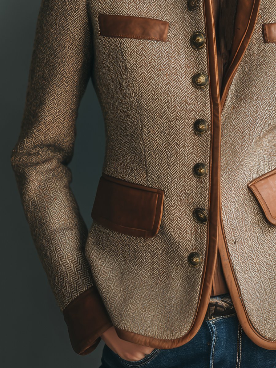 Lumen | Veste vintage en tweed à chevrons avec finitions en cuir et boutonnage sur le devant