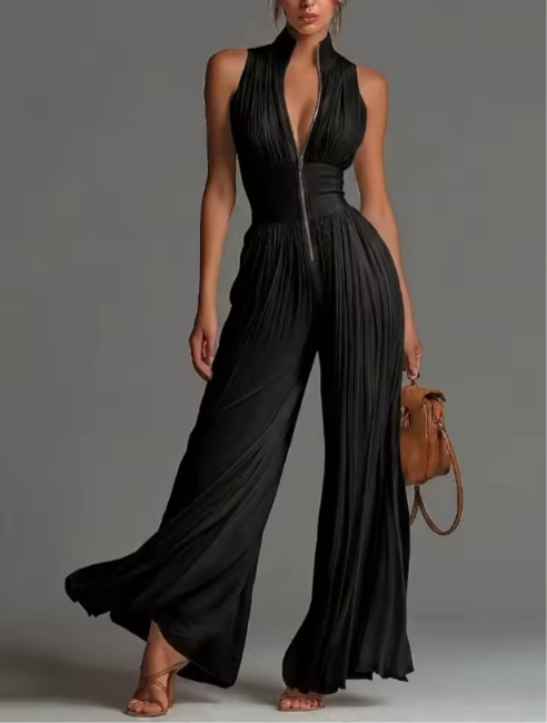 Zakira Elegant Pleated Jumpsuit in Black